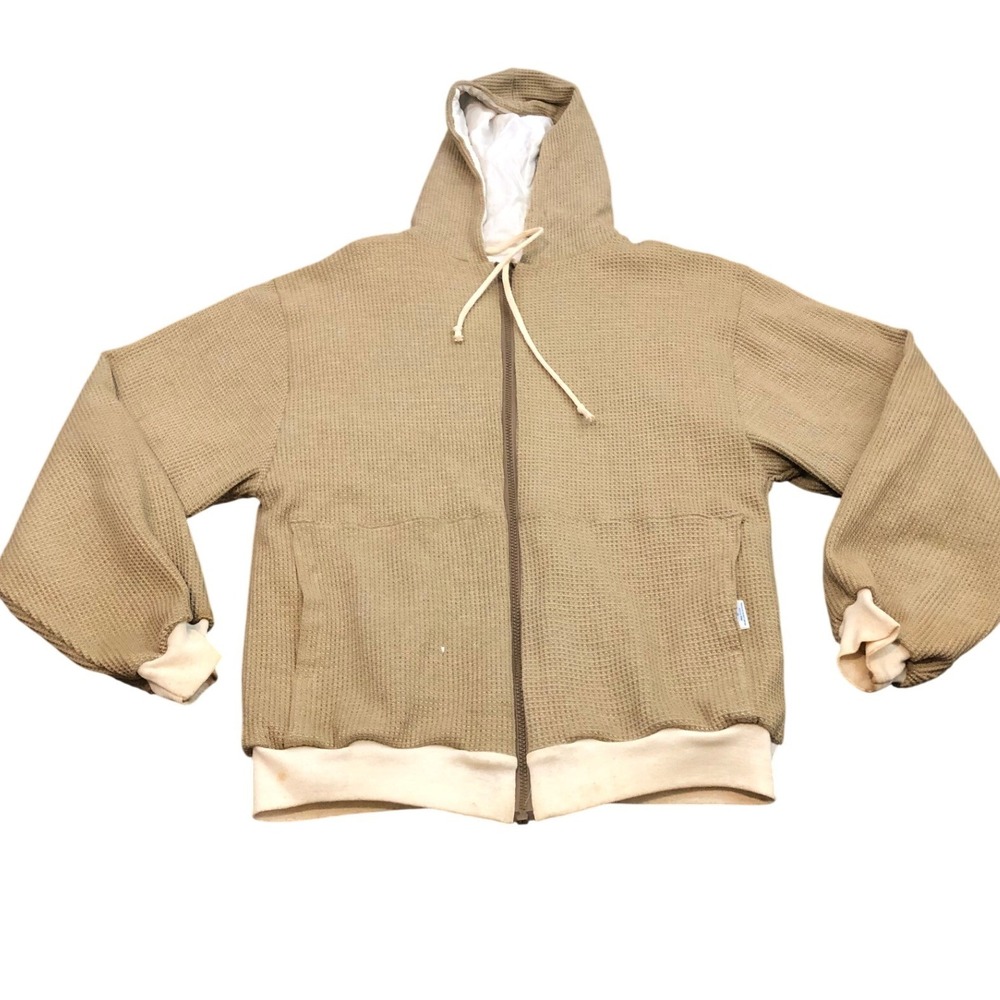 Vintage Russell Athletic Hoodie Med Brown Waffle Knit Thermal Full Zip Reverse